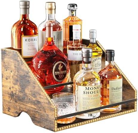Nuovoware LED Lighted Liquor Bottle Display Shelf, 3 Step Wood Countertop Liquor Rack with Fences & Portable Handles, 12-Bottle Whiskey Rack Liquor Display Retro Wine Rack for Home Bar Party, Brown