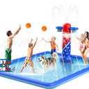ODOSOLA 137x118'' Large Splash Pad for Kids 3-12 & Dogs, 2-in-1 Sprinkler Pad with Basketball Hoop/Ball Toss, Thickened Non-Slip Water Mat, Foldable Outdoor Summer Toy for Backyard/Pool/Beach
