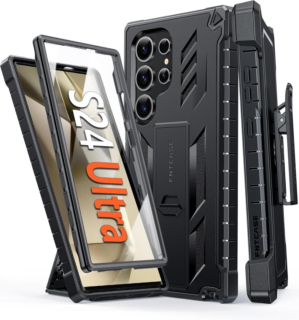 FNTCASE for Samsung Galaxy S24-Ultra Case: Military Shockproof Protective Phone Cover with Belt-Clip Holster & Kickstand, Heavy Duty Drop Proof Protection Durable Rugged Cases for S24Ultra 5G, Black