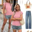 Bliwov Womens Summer Tops Cap Sleeve Crew Neck T Shirts Spring Trendy Fashion Outfits Business Beach Vacation Blouses Clothes Pink (Pink, L)