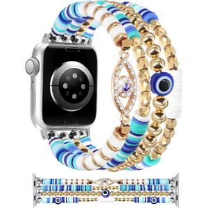 JR.DM Beaded Bracelet Compatible with Apple Watch 42mm 44mm 45mm 46mm Women Kids Girls Stretchy Gillter Evil Eyes Jewelry Handmade Watch Strap for iWatch Series 11/10/9/8/7/SE/6/5/4/3/2/1 (Blue, M)