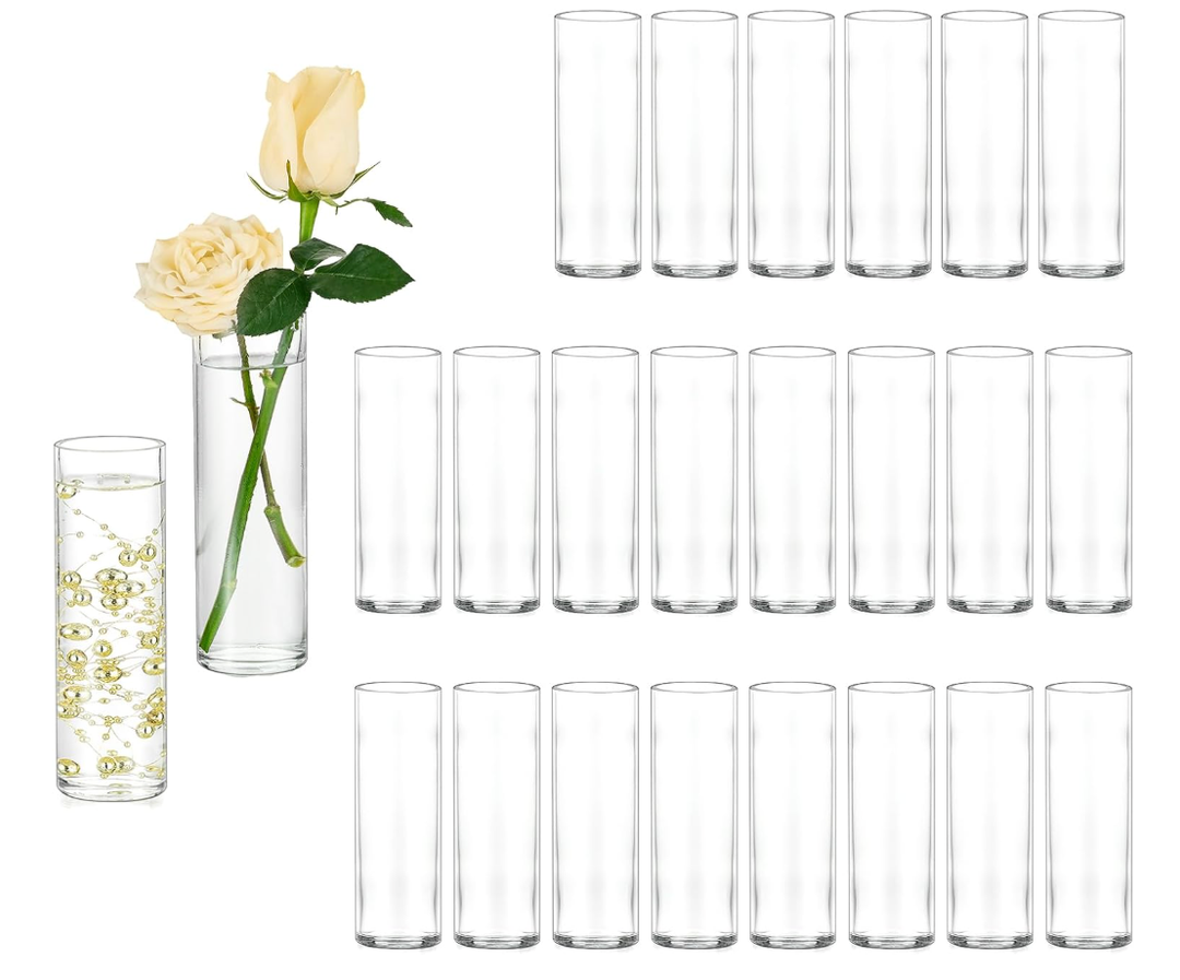 Hewory Cylinder Glass Bud Vases: Set of 24 Small Clear Skinny Single Flower Vase for Centerpieces  Minimalist Bulk Vases for Wedding Birthday Bridal Shower Party Events Table Decor, 5.91"(H)×1.8"(D)