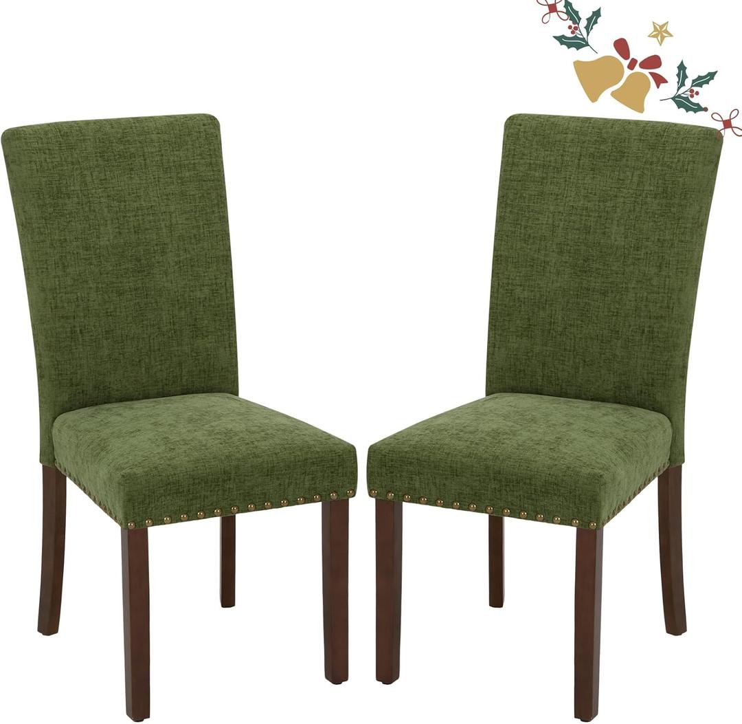 Parsons Dining Chairs Set of 2, Upholstered Nailhead Dining Room Kitchen Side Chair with Thick Cushions and Wood Legs, Green Parsons Dining Chairs Set of 2, Upholstered Nailhead Dining Room Kitchen Side Chair with Thick Cushions and Wood Legs, Green