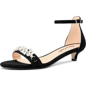 DearOnly Womens Low Kitten Heel Peep Open Toe Ankle Strap Sandals Rhinestone Crystal Buckle Office Summer Dress 1.4 Inches Heels Black 12 M US