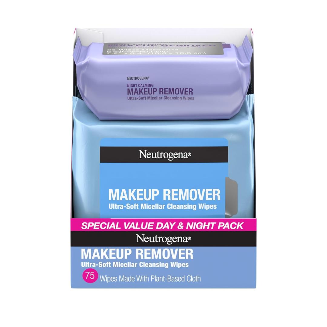 Neutrogena Day & Night Facial Cleansing Wipes, Makeup Remover Face Cleansing Towelettes & Night Calming Facial Cloths, 100% Plant Based Fibers Wipe Away Dirt & Oil, (3 Packs of 25)