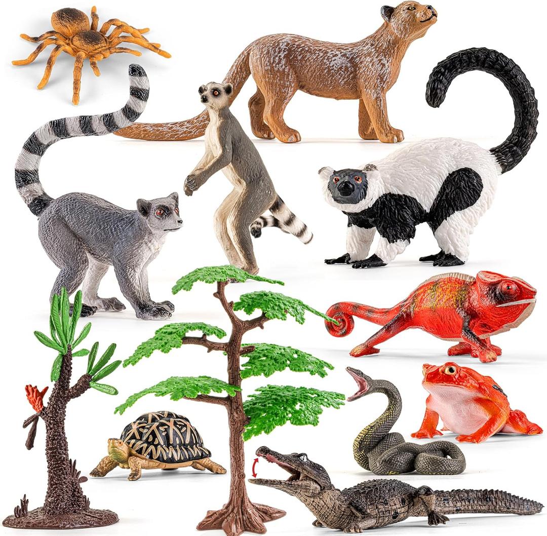 12PCS Realistic Madagascar Animal Figurines Toys, Plastic Animals Jungle Animals Figures Playset, Lemur, Chameleon, Tortoise, Frog, Crocodile, Snake with Tree Valentine's Day Gifts for Kids