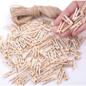 Mini Clothes Pins for Photo, Small Clothespins 200 pcs 1" Natural Wooden Clothespins with Jute Twine, Mini Photo Clips,Small Clothes Pins for Photos, Crafts, Arts, Cocktails