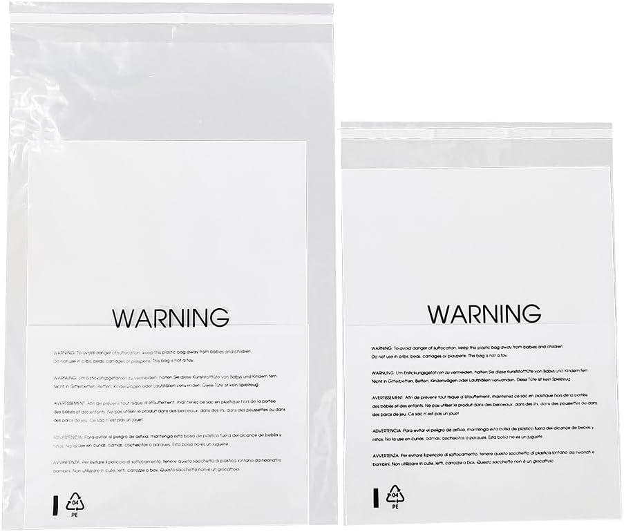 12 X 15 (100 Count) Clear Poly Bags with Suffocation Warning for Packaging, T Shirts & Mailing - Permanent Adhesive (100 Count 12''x15'')
