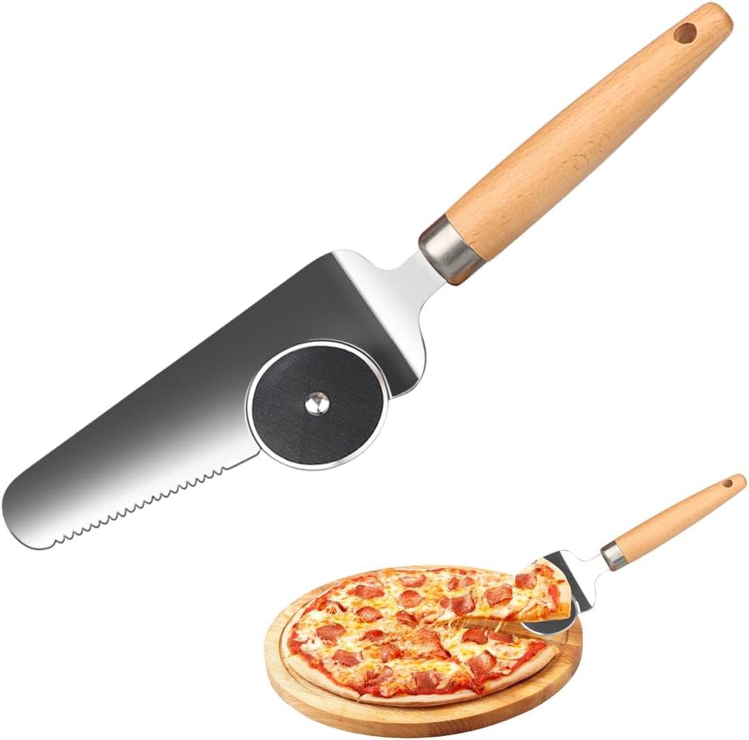 3 in 1 Pizza Spatula Server and Cutter - with Rolling Wheel & Rocker Blade, Wooden Handle Pie Cutter Tool, Cake Server, Pastry Cutter for Baking, Pie Gadgets & Hang Hole