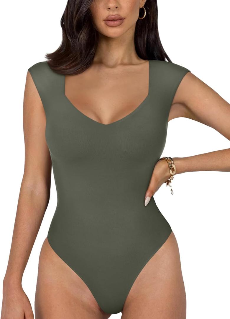 REORIA Women's Summer Sexy Casual V Neck Double Lined Seamless Sleeveless Slimming One Piece Leotards Going Out Trendy Tank Top Tees Thong Bodysuits Grey Green Small