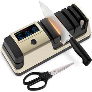 Kitchen Knife Sharpener Electric 5-in-1 - Professional Knife and Scissor Sharpener with Adjustable Speed, LCD Display - Knives Sharpening System with Ceramic Rod for Fast Sharpening & Polishing