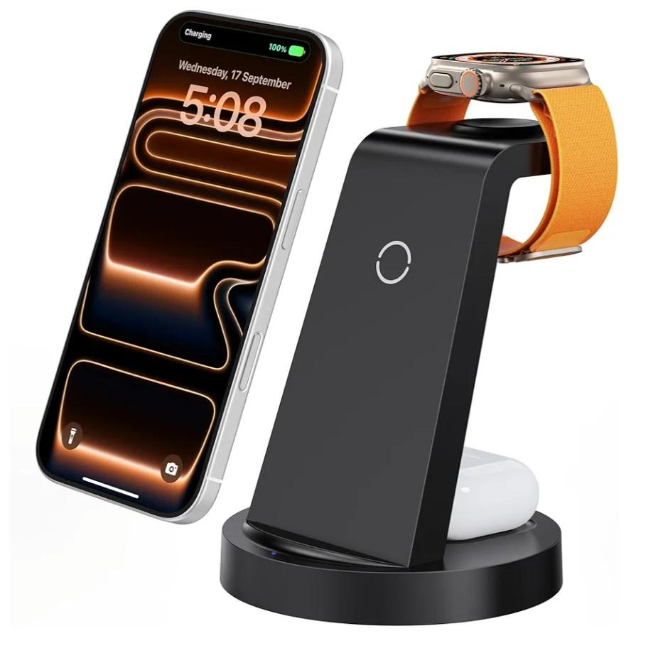 Anlmz 3 in 1 Charging Station for iPhone, Wireless Charger for iPhone 17 16e 16 15 14 13 12 11 X Pro Max & Apple Watch - Wireless Charging Station for AirPods 4 3 Pro
