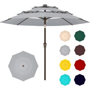 9FT 3-Tier Large Outdoor Patio Umbrella Market Table Umbrella-UV Resistant,Easy Push Button Tilt and Crank,8 Sturdy Fiberglass Ribs Heavy-Duty Pool Umbrella for Deck,Backyard,Garden,Yard,Light Gray