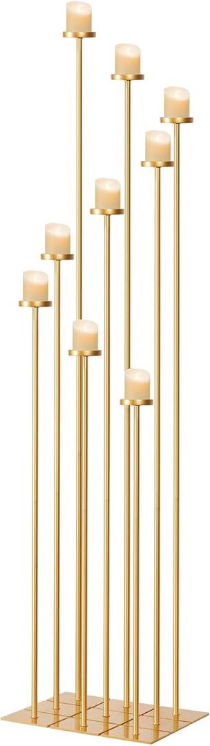 Floor Candelabra Tall 9 Arm Candle Holders for Wedding Centerpiece, 60" Black Metal Candlestick for Pillar Tealight Candles for Party Ceremony Aisle Reception (Gold)
