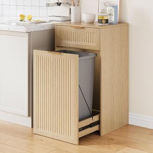 ZIFTY Pull Out Trash Can Cabinet for 13 Gallon Bin, Laundry Hamper, Oak