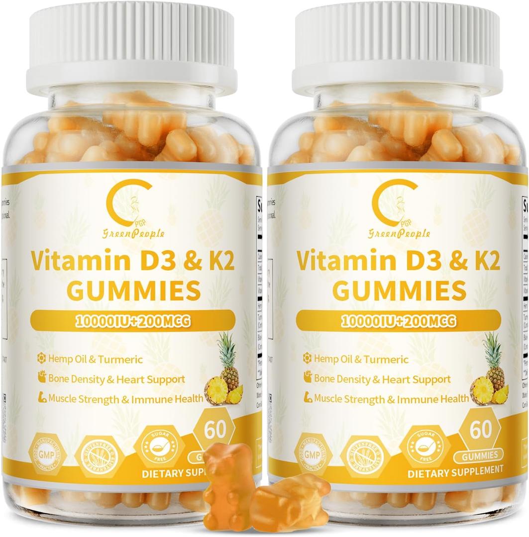 GPGP GreenPeople Vitamin D3 K2 Gummies, Vitamin D3 10000IU, K2 (MK-7) 200mcg, Vitamina D3 Con K2 Supplement with Hemp Oil, Turmeric for Bones, Teeth & Immune Support, Sugar Free, 2 Packs, Best By 01/2027