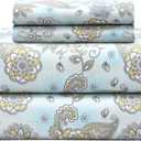 Feather & Stitch Softest 100% Cotton Sheets, 300 Thread Count Percale Weave Bedding, 16" Deep Pocket, Cooling Sheets, Breathable Bed Set, Hotel Premium Quality (Full, Aqua Paisley)