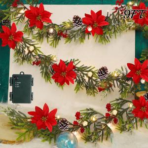 Juegoal Christmas Garland, 9 FT Pre-lit Artificial Xmas Flocked Garlands, Lighted Poinsettia Spruce Garland, Timer & Battery Operated with Lights, for Garden Home Winter New Year Decorations