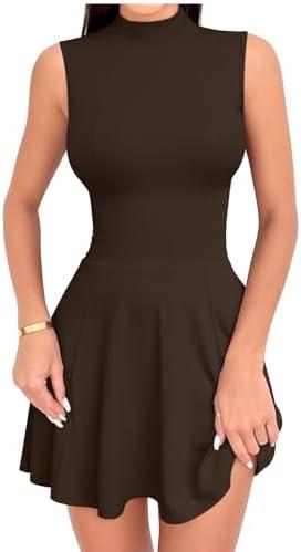 OQQ Women's Mini Dress Sleeveless Mock Neck Club Party A-line Dresses ,L
