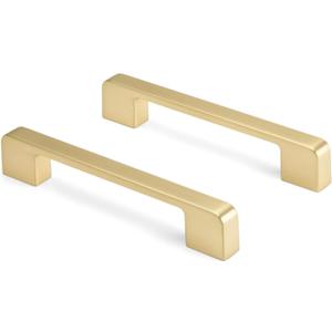 Haliwu 10 Pack Solid Zinc Alloy Cabinet Handles Brushed Gold Cabinet Pulls 5 Inch Hole Center Drawer Pulls Modern Square Dresser Handles for Bathroom Kitchen Bedroom