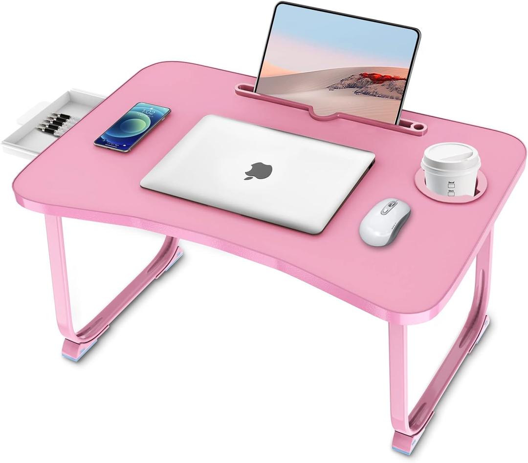Fayquaze Portable Foldable Laptop Bed Table with Storage Drawer and Cup Holder, Laptop Desk Stand Tray for Eating, Reading and Working (Pink)