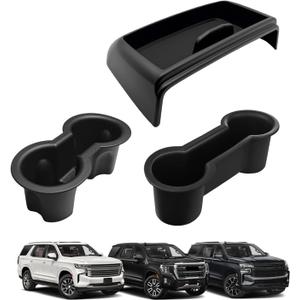 Muslogy Dashboard Storage Box & Cup Holder Inserts Compatible with 2021-2024 GMC Yukon Chevy Tahoe Suburban Accessories Front & Rear Drink Holder 2PCS & Center Console Organizer Behind Screen (Black)