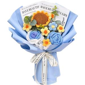 Crochet Flower Bouquet, Knitted Flowers, Artificial Sunflower Crocheted Flowers Crochet Roses for Lover Anniversary Birthday Party Mother's Day Wedding Graduation Gifts (Blue)