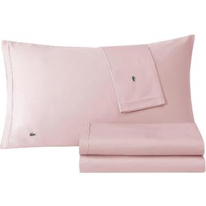 Lacoste 100% Cotton Percale 4-Piece Sheet Set  Crisp Cool Breathable All-Season Bedding, Oeko-Tex Certified, Soft Matte Finish, Durable Premium Cotton  Solid, Iced Pink, Queen