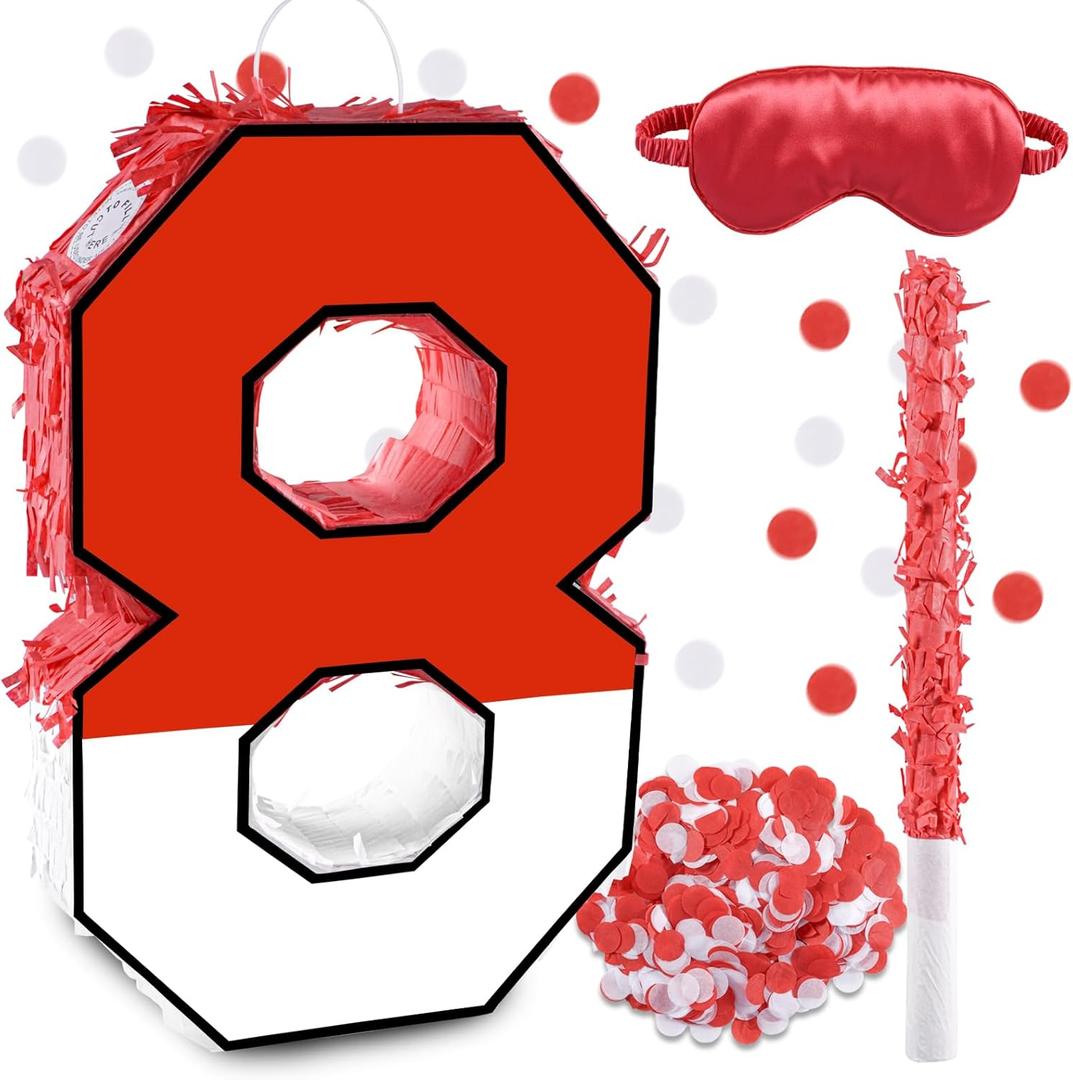 16 Inch Red and White Number 8 Pinata, Birthday Pinata with 16 Inch Piata Stick Blindfold Confetti for Kids 8th Birthday Party Decorations