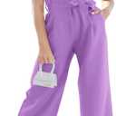 Haloumoning Girls Jumpsuit Kids Fashion Cap Sleeve Belted Wide Leg Romper One Piece Summer Outfits (7-8 Years, Purple)