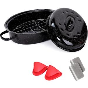 18 Inch Enamel Roasting Pan with Lid & Rack, Oven & Dishwasher Safe Turkey Roaster, 932°F Heat Resistant, Includes Silicone Handles & Cleaning Sponges