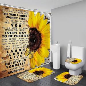 AZHM 4pcs Shower Curtain Sets with Rugs Sunflower Bathroom Set Decor Inspirational Quotes Bathroom Curtains Shower Set with Rugs and Accessories (Beige)