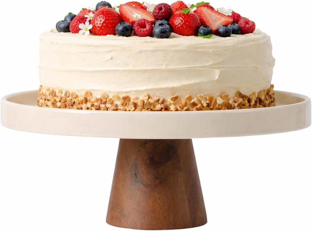 Gibson Elite 10.7-Inch Stoneware Cake Stand with Acacia Wood Base  Taupe Round Dessert Display Stand for Cakes, Cupcakes & Party Entertaining