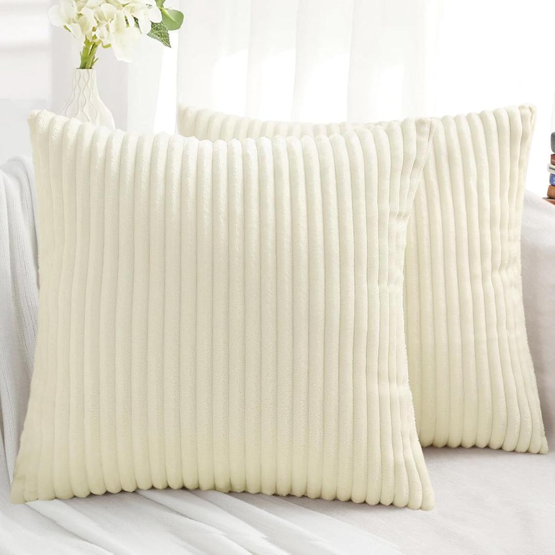 Simmore Decorative Spring Throw Pillow Covers 16x16 Set of 2, Soft Natural Plush Flannel Double-Sided Fluffy Couch Pillow Covers for Sofa Living Room, Beige