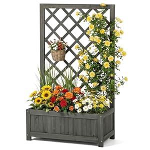 Wooden Raised Garden Bed with Trellis, 40" Outdoor Planter Box for Climbing Plants, Vertical Modern Gray Garden Planter for Vegetables, Flowers & Vines, Lattice Plant Support for Patio Yard Balcony