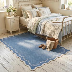 GarveeHome 3x5 Scalloped Washable Area Rug for Bedroom,Soft Solid Navy Entryway Rug Non Slip Low Pile Carpet Stain Resistant Throw Rug for Bedside Kids Room Office Dining Room