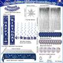 Blue Birthday Decorations for Men Women Boys, Happy Birthday Decorations Navy Blue and Silver, Happy Birthday Banner Balloons Tablecover Fringe Curtain Door Banner, Mens Boy Bday Party Supplies Decor