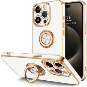 Hython for iPhone 15 Pro Max Case with Ring Stand, 360 Rotatable Ring Holder Magnetic Kickstand, Plating Rose Gold Edge Soft Cover Protective Phone Case for iPhone 15 Pro Max 6.7", White