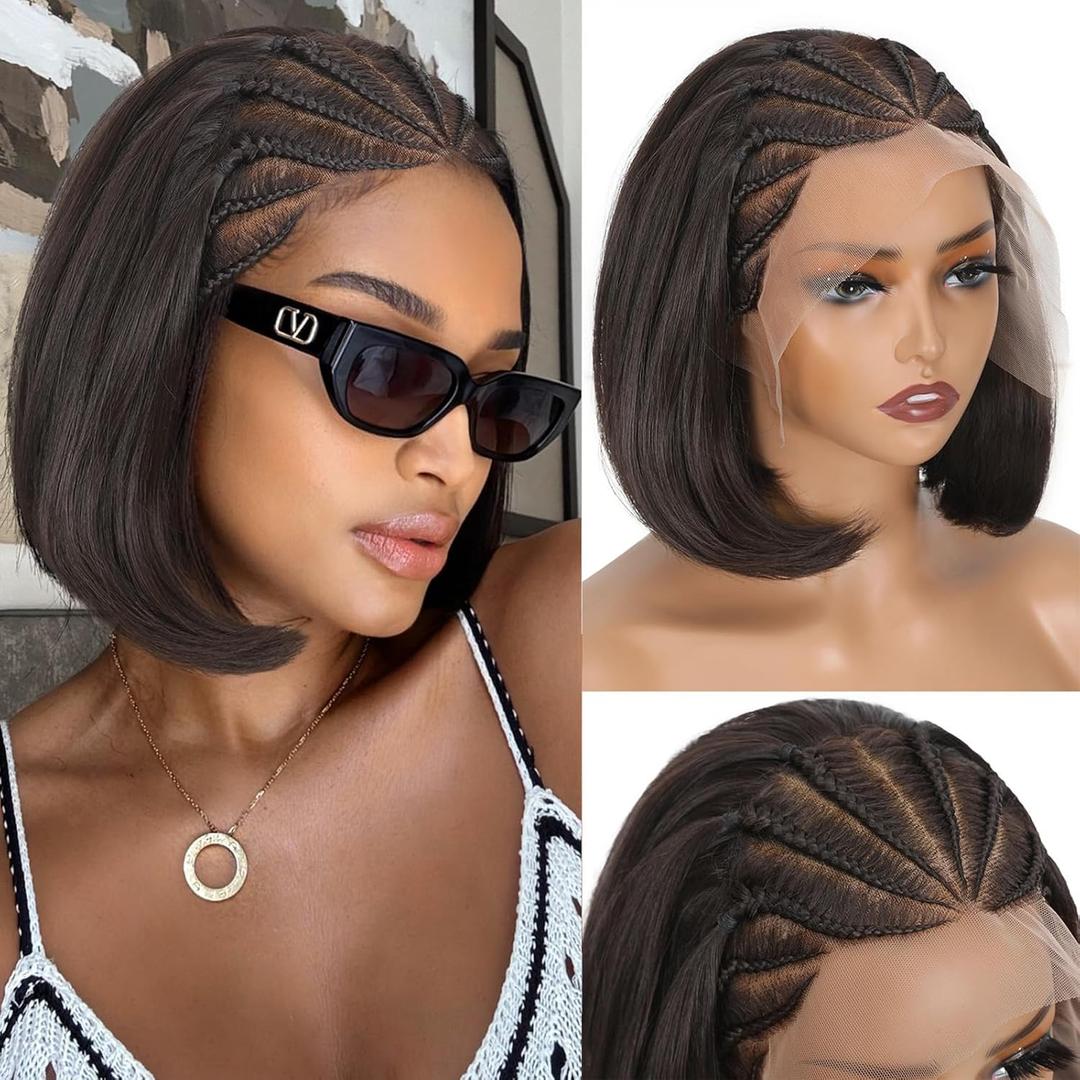 Lady Miranda 13x4 Straight Bob Lace Frontal Wigs Pre-Braided Cornrow Lace Front Bob Wig for Black Women Short Braided Wigs for Black Women Stylish Glueless Synthetic Wig (Dark Brown) (10 Inch)