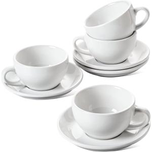 LE TAUCI Cappuccino Cups with Saucers 8 oz, Set of 4 Large Ceramic Coffee Cup Set for Latte, Au Lait, Flat White, Mocha, Tea Cup Set, Dishwasher Safe, Embossed Coffee Cups, White