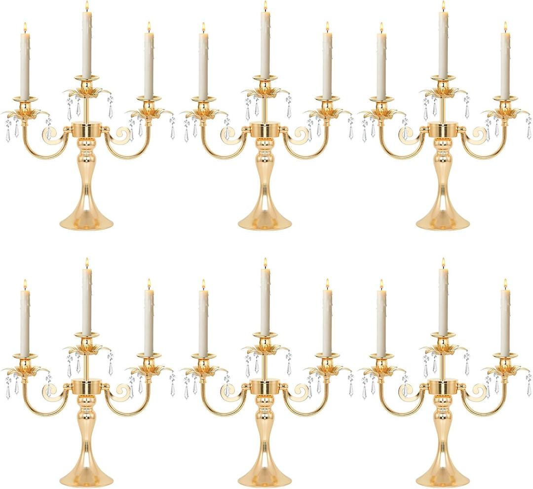Metal 3 Arm Gold Candelabra with Crystal Pendants - 11.8 Inch Tall Candle Holders, Set of 6 - Elegant Taper Candlestick Stand for Wedding, Dining Table, Party Home Decoration