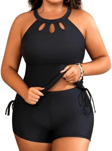 Aqua Eve Women Two Piece Plus Size Swimsuit High Neck Tankini Set Tummy Control Bathing Suit with Shorts 18W