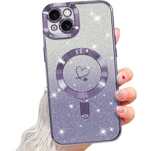 NITITOP Compatible with iPhone 15 Case Cute Clear Glitter [Compatible for MagSafe] Plating Heart Sparkle Bling Magnetic Girl Women Electroplated Frame Camera Protection Back Cover - Purple