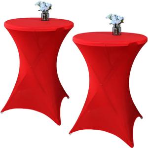 2 Pack 24x43 Inch Red Cocktail Tablecloth Spandex Round Fitted Table Cover for Wedding Banquet Event Party