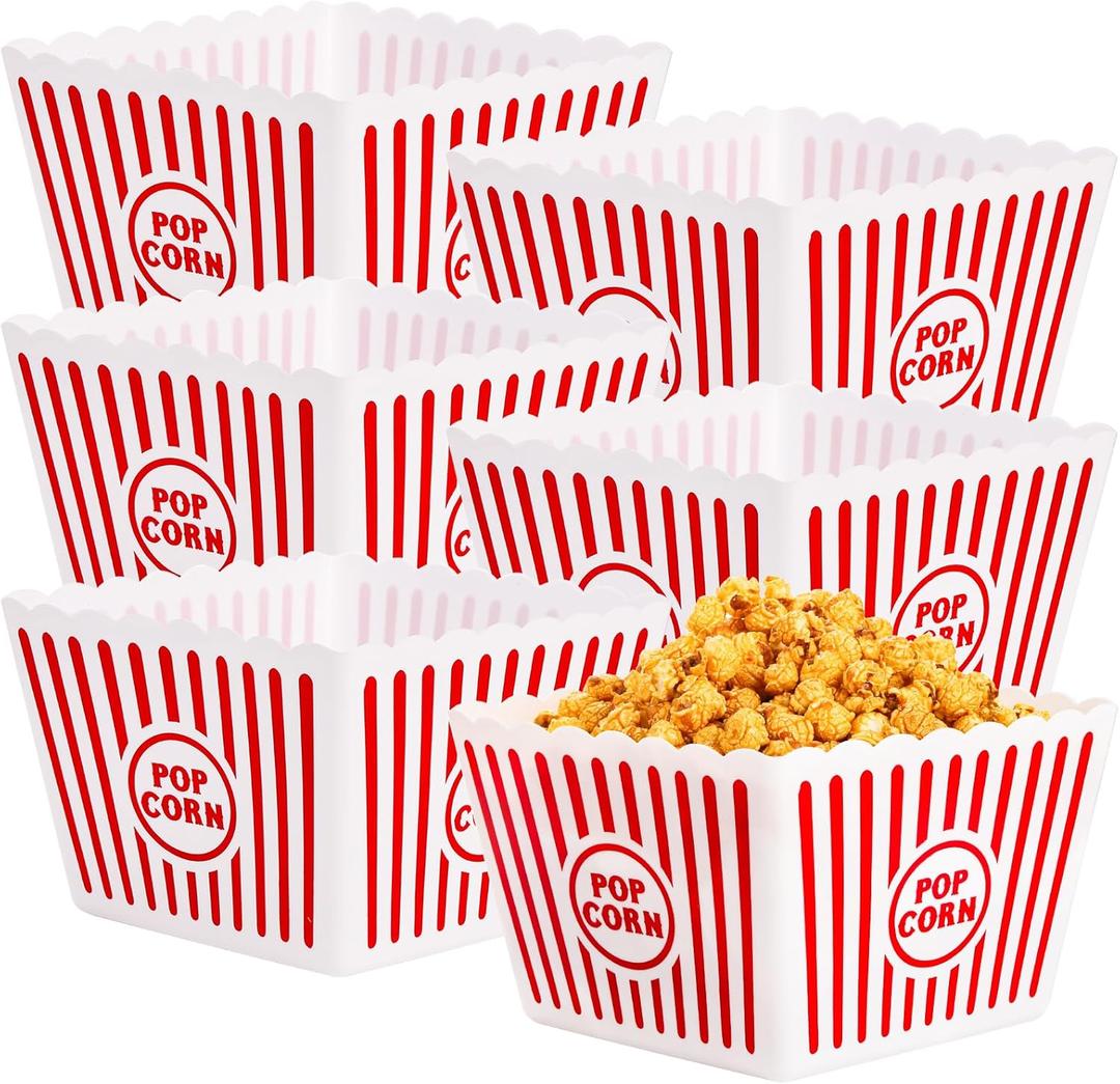 Bekith 6 Pack Plastic Popcorn Buckets Reusable, Large Popcorn Containers for Movie Night, 9" Square x 6" Tall