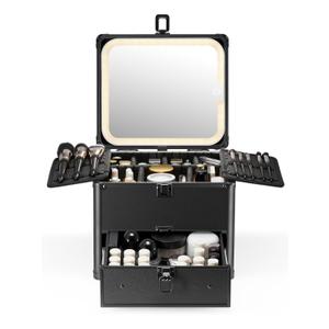 Qislee Makeup Box with Drawer and A Detachable Lighted Mirror, Waterproof Travel Train Case, Cosmetic Organizer and Makeup Suitcase with Adjustable Dividers, Magnetic LED Mirror (Black)