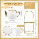 20 Pcs Porcelain Tea Set with Metal Holder, European Ceramic Tea Set for Adults, Coffee Tea Gift Sets, French Tea Cup Saucer Set for Party With Gold Trim (French White)