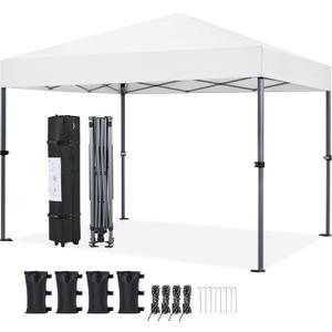 Yaheetech 10x10 1-Person Setup Pop Up Canopy Tent, Instant Portable Commercial Canopy Tent, Outdoor Gazebo with 1-Button Push, Wheeled Bag & 4 Sandbags for Home, Party & Outdoor Activities, White