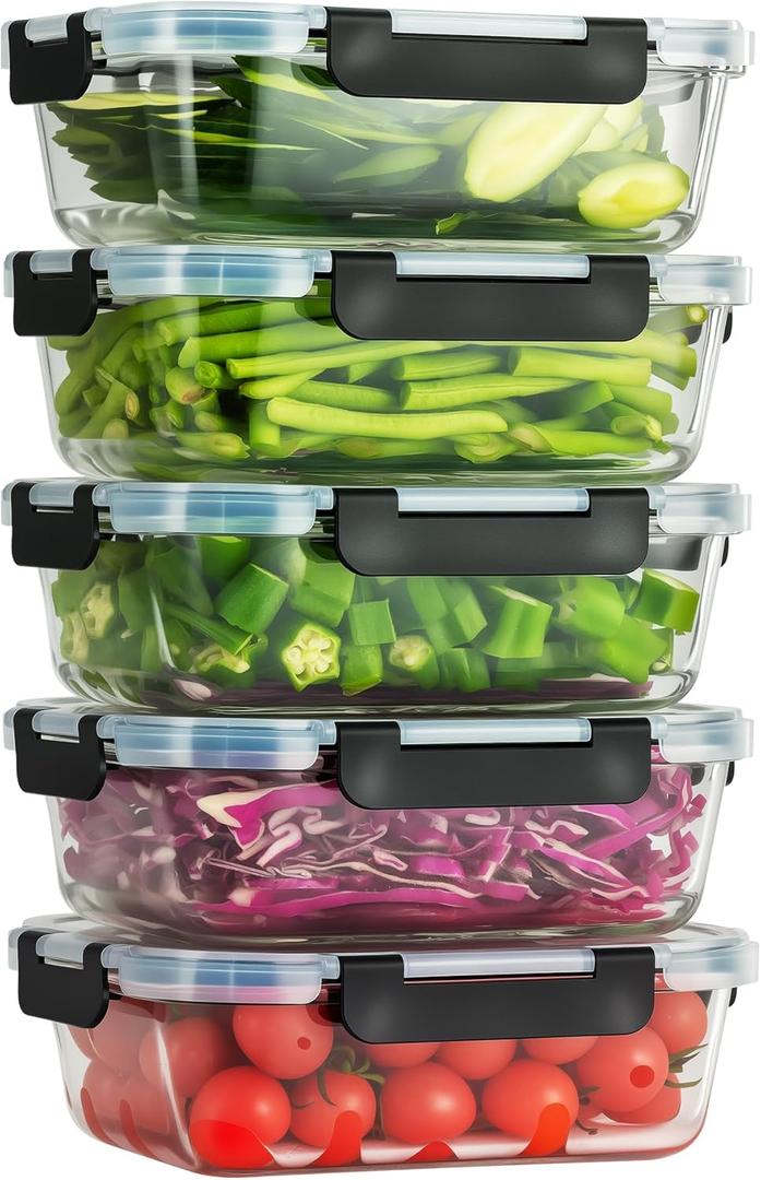5-Piece Set, 36 oz Glass Meal Prep Containers with Snap-Lock Lids, Airtight Lunch Containers, Microwave, Oven, Refrigerator & Dishwasher Safe, Black