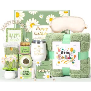 Birthday Gifts for Women, 12Pcs Happy Birthday Gift Basket for Women Unique Gifts Set Ideas Relaxing Birthday Box w/ Blanket for Her Mom Best Friends Female Sister Coworker Her Friendship (Green)